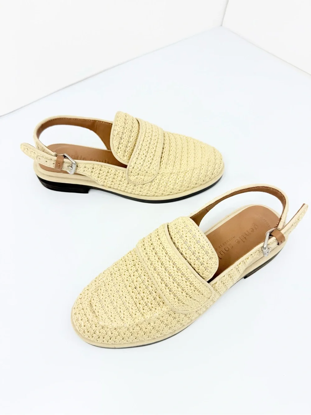 Gentle Souls CALEB Cream Woven Raffia Low Heel Open Back Slingback Loafers